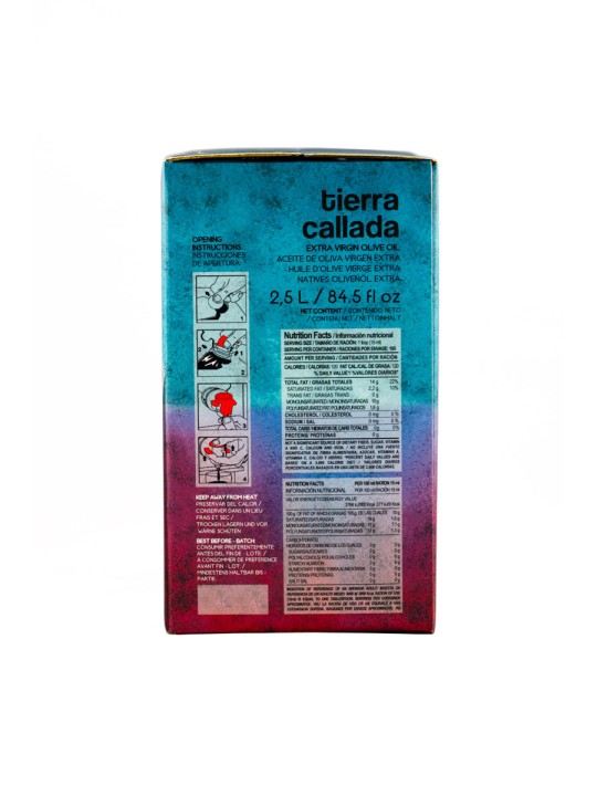 Tierra Callada Sweet and kind profile, suitable for all audiencesMild, fruity and elegant extra virgin olive oil - Arbequina variety Healthiest substitution instead butter in baking recipes, ads a hint of banana and apple Ideal on subtle and delicate recipes: dressing fish, elaborating a mayonnaise, soft cheeses, etc.Cold extraction and harvested in November from half green half ripe olivesBag in box: best format to preserve the aromas and properties of the olive oil