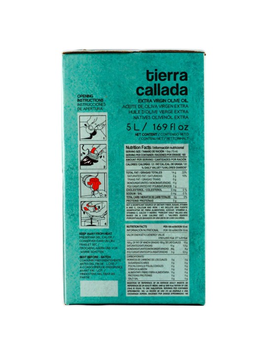 Tierra Callada Strong personality for an outstanding oilIntense, robust and complex extra virgin olive oil - Picual variety Healthy properties: high polyphenol (antioxidant) and oleocanthal (anti-inflammatory) content, plus 80% monounsaturated fats Perfect for dressing recipes with just a few ingredients. Amazing finishing warm dishes: pasta, meat, vegetables... Cold extraction and harvested in October from green olives Bag in box: best format to preserve the aromas and properties of the olive oil 